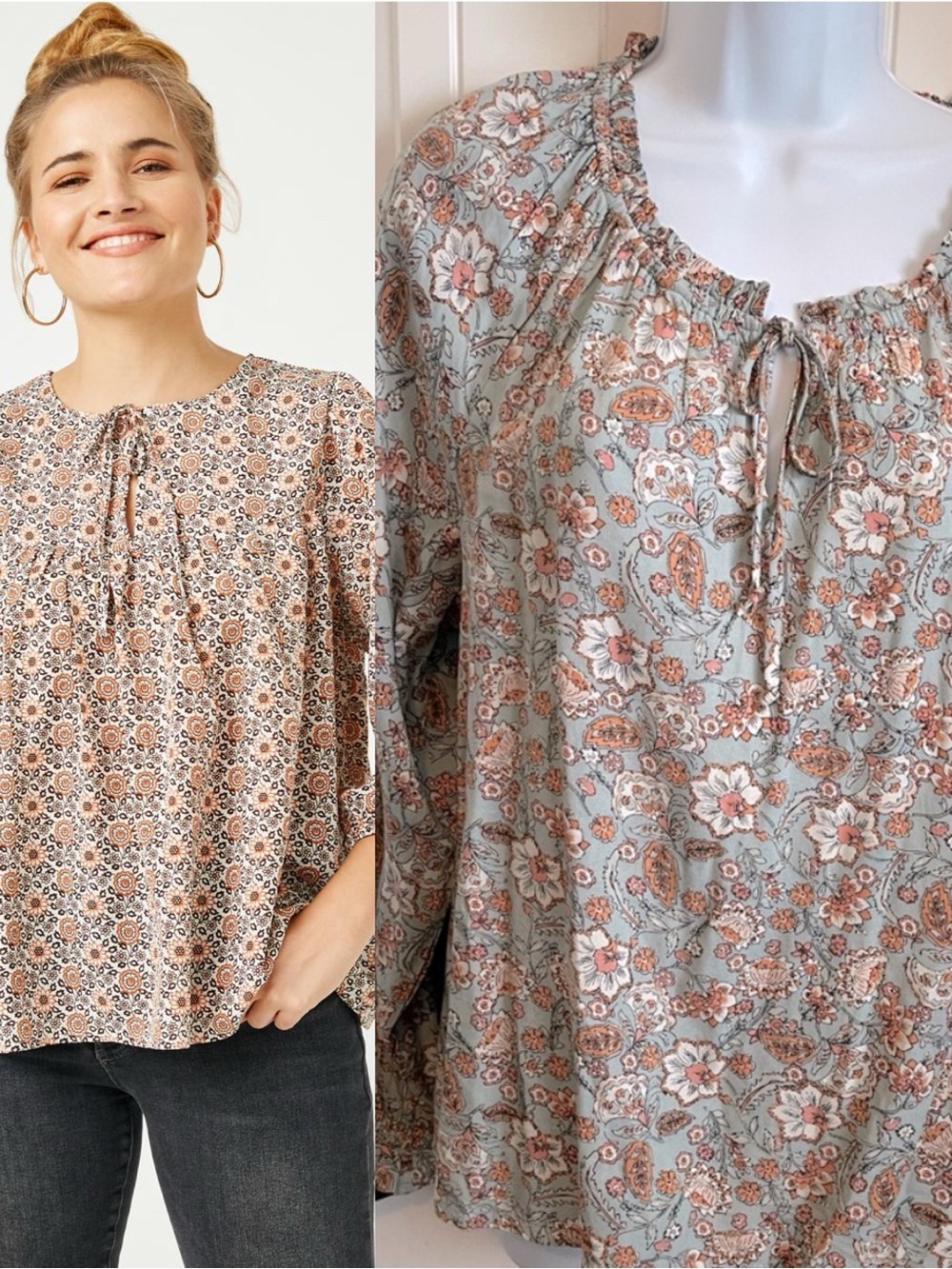 Patrons of Peace Floral Boho Peasant Blouse w/Cased Neckline & Full Sleeve